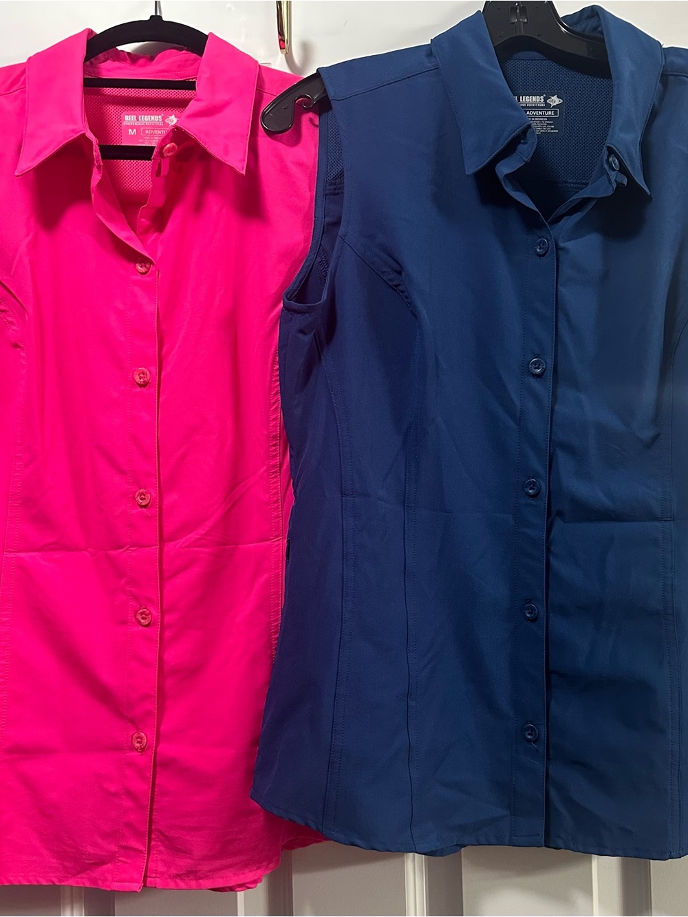 Reel Legends Sleeveless Button-Down Tops in Hot Pink and Navy